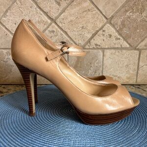 Marc Fisher Nude Peep-Toe Platform Stacked Wooden Heels